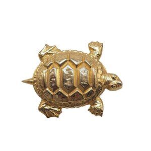 Vintage Gold Tone Turtle Brooch With Textured Shell Pin Clasp